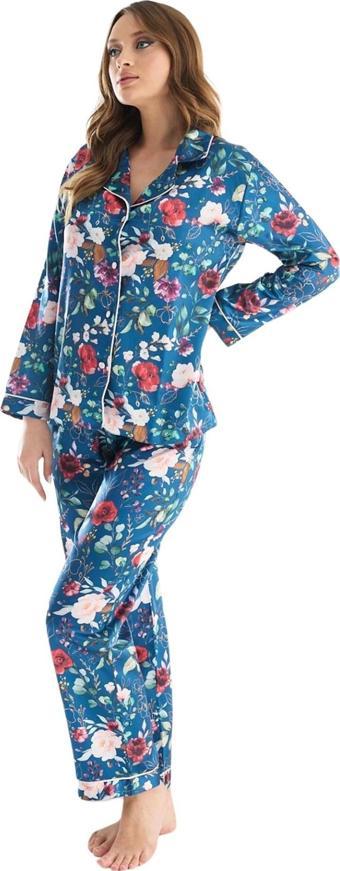 Faryanight İpek Saten Uzun Kollu Çiçek Desenli Biyeli Gömlek Pijama Takımı