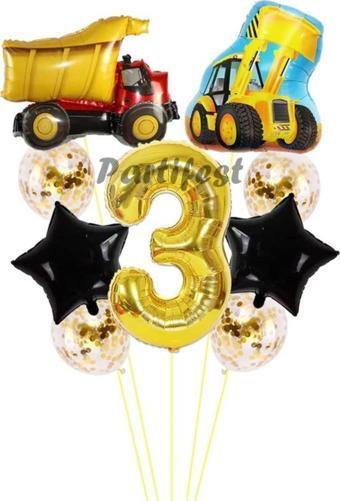 Parti Station Kamyon Dozer Kepçe Inşaat 3 Yaş Balon Set Yıldız Balon Set Kamyon Inşaat Konsept Doğum Günü Set
