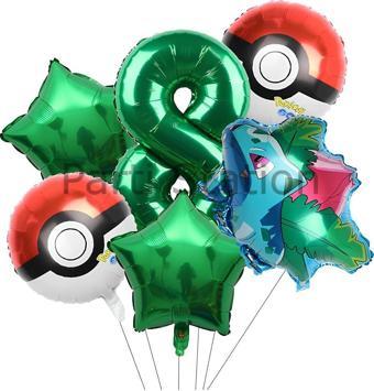 Parti Station Pokemon Bulbasaur Konsept 8 Yaş Balon Set Pokemon Bulbasaur Yıldız Balon Doğum Günü Folyo Balon Set