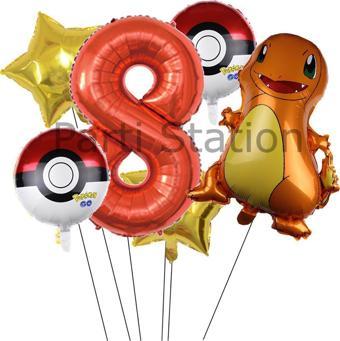 Parti Station Pokemon Charizard Konsept 8 Yaş Balon Set Pokemon Çarizart Doğum Günü Yıldız Folyo Balon Set