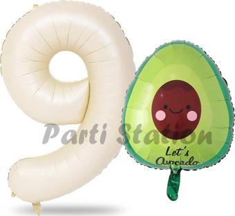 Parti Station Avokado Balon 9 Yaş Doğum Günü Balon Set Avokado Konsept Ve Krem Renk Rakam Balon