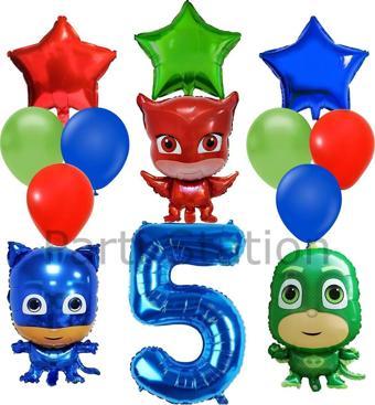 Parti Station Pijamaskeliler 5 Yaş Balon Seti Pjmasks Kedi Çocuk Baykuş Kız Kertenkele Çocuk Doğum Günü Seti