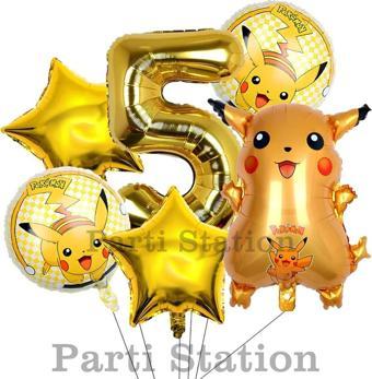 Parti Station Pokemon Pikaçu Konsept 5 Yaş Doğum Günü Balon Set Pokemon Pikachu Folyo Balon Set
