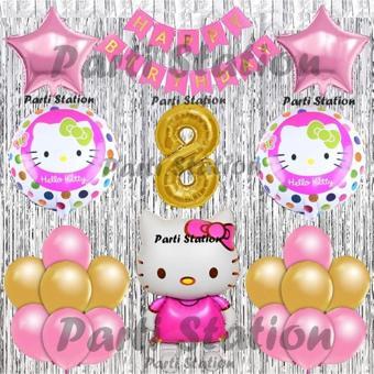 Parti Station Hello Kitty Balon Set 8 Yaş Hello Kitty Sevimki Kedi Konsept Altın Rakam Doğum Günü Parti Balon Set