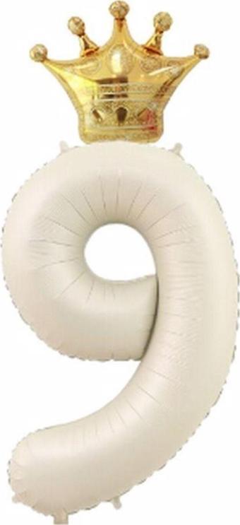 Parti Station Taç Folyo Balon Set Krem Renk 9 Yaş Balon Folyo Set 80 Cm Konsept Doğum Günü Set Yaş Balon Set