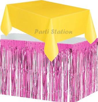 Parti Station Masa Örtüsü Ve Masa Eteği Set Plastik Sarı Renk Masa Örtüsü Pembe Renk Metalize Masa Eteği Set