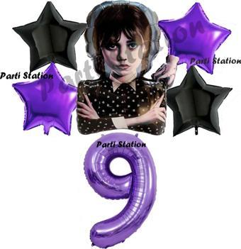 Parti Station Wednesday Balon Set 9 Yaş Wednesday Addams Mor Rakam Balon Konsept Doğum Günü Parti Balon Set
