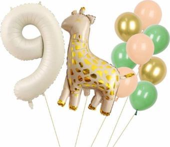 Parti Station Zürafa 9 Yaş Balon Set Yıldız Balon Folyo Set Konsept Doğum Günü Set Yaş Balon Set