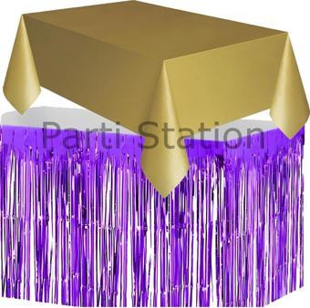 Parti Station Masa Örtüsü Ve Masa Eteği Set Plastik Gold Altın Renk Masa Örtüsü Mor Renk Metalize Masa Eteği Set