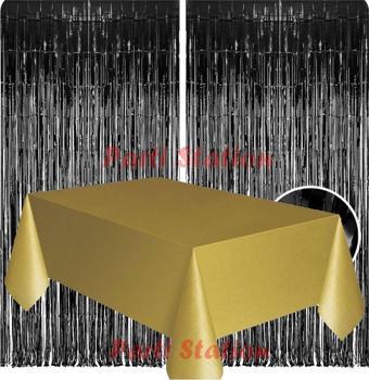 Parti Station 2 Adet Siyah Renk Metalize Arka Fon Perdesi Ve 1 Adet Plastik Gold Altın Renk Masa Örtüsü Set