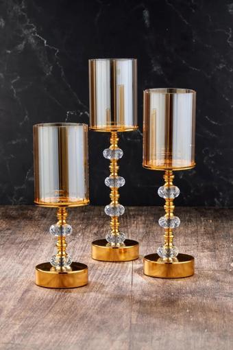 Best Hırdavat Kristal Taşlı Ayaklı Gold Şamdan 3'lü Set