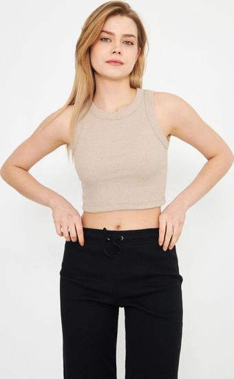 Evelora Bej Halter Yaka Kaşkorse Crop Atlet Bej S