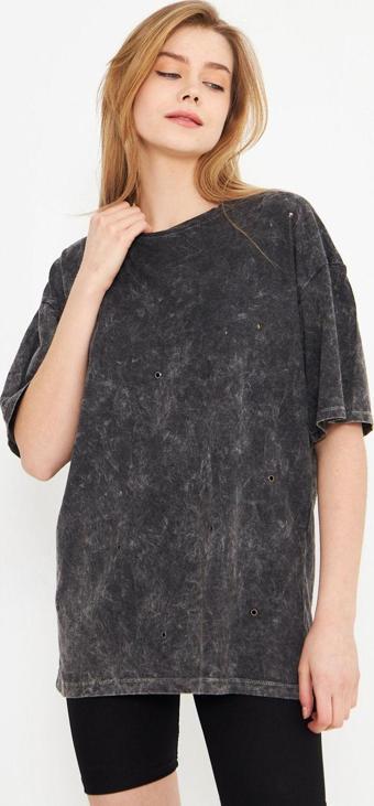 Evelora Siyah-Gri Vintage Yıkama Detaylı Oversize Kadın Tshirt Siyah Standart
