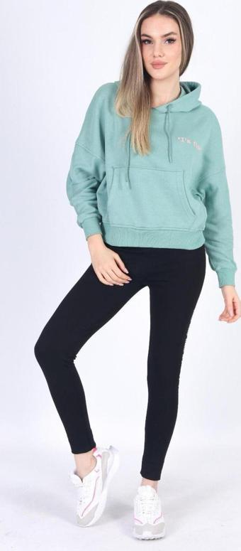 Meyz Kapüşonlu Sweatshirt Oversize Nakışlı 3 İplik Şardonsuz Pamuklu Mint S
