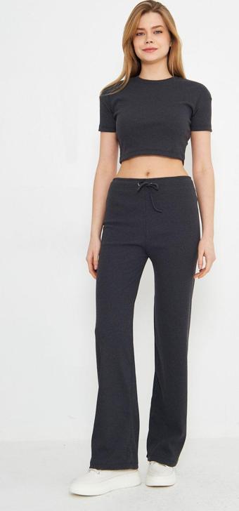 Evelora Füme Kaşkorse Ikili Takım, Crop Üst Ve Pantolon Siyah L