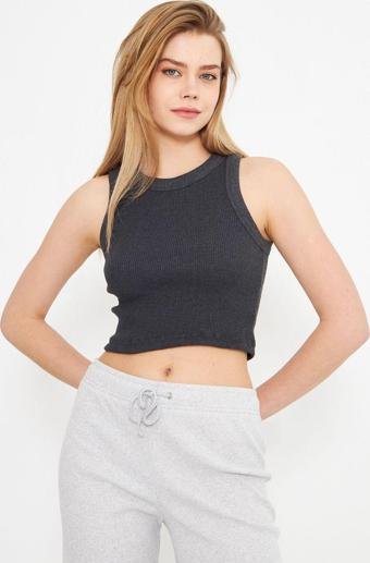 Evelora Siyah Halter Yaka Kaşkorse Crop Atlet Siyah L