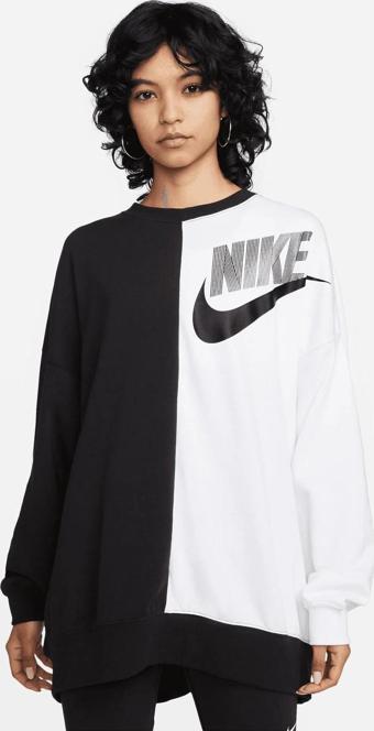 Nike Sportswear Crew Oversize Sweatshirt Kadın Geniş Kalıp Sweatshirt Siyah Beyaz