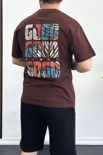Erkek Oversize %100 Pamuk Sırt Baskılı T-shirt Kahverengi Edw161