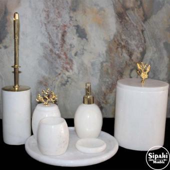 Sipahi Marble Beyaz Mermer Bombeli Dizayn 7'Li Banyo Seti