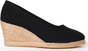 Gerçek Elişi Siyah Keten Espadril Dolgu Topuk Handmade