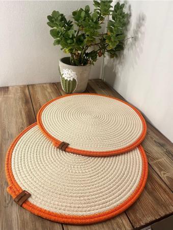 Bright3 Supla,Amerikan Servis , Runner, El Yapımı, Jüt, Mutfak,  2 Adet 37 Cm Doğal Krem Turuncu Çerçeve