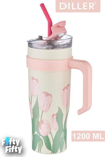 DILLER Quencher Cup 1200 ML Pipetli/Rahat İçim Kulplu Paslanmaz Çelik Termos -FFDILLERD9168