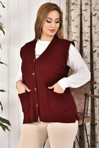 Lonca Tekstil Kadın Düğmeli Bordo Triko Anne Yeleği Büyük Beden Fitilli Cepli Rahat Kesim XL