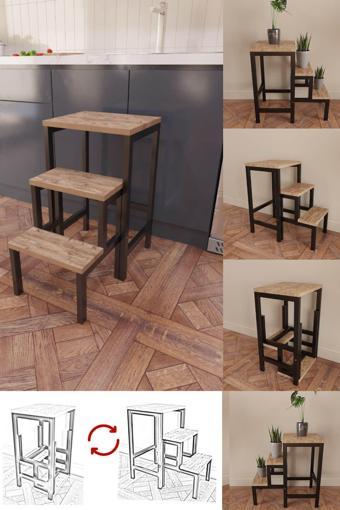 Yüceer Home Katlanabillir Metal Ahşap Basamaklı Tabure Merdiven Çiçeklik Çok Amaçlı Tabure