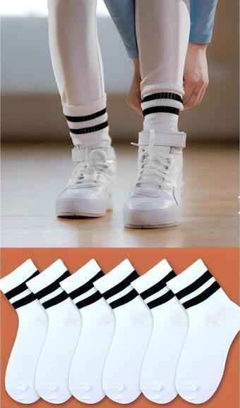 Ballet Beyaz Çizgili Kolej Çorap 6'Lı (Pamuk)