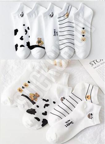 Sockshion 5 Çift Panda Ve İnek Desenli Beyaz Kadın Patik Çorap Seti