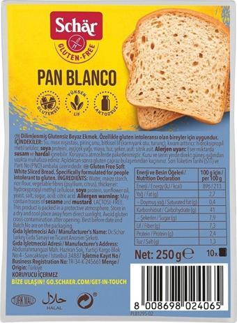 Schar Pan Blanco Glutensiz Beyaz Ekmek 250 Gr (8 Adet)