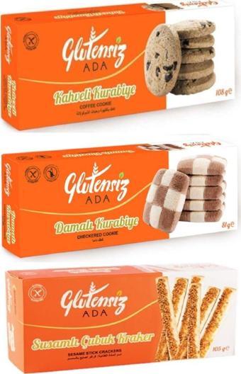 Ada Glutensiz Atıştırmalık 3’Lü Set, Damalı-Kahveli Kurabiye, Susamlı Çubuk Kraker