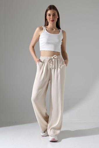 Winmoda Baggy Model Saten Pantolon /Geniş Paça Dokulu Saten Pantolon