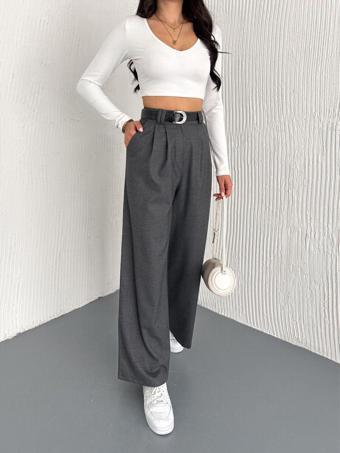 Winmoda Kemerli Kadın Kumaş Pantolon / Çift Köprü Kalın Kemer- Kumaş Pantolon Baggy Model