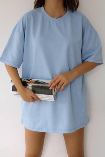 Jakarlı J Bebe Mavi Ince Unisex Pamuk Bisiklet Yaka Boyfriend Örme Oversize T-Shirt