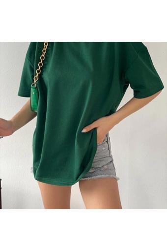 Jakarlı Unisex Yeşil Bisiklet Yaka Pamuk Oversize Boyfriend T-Shirt