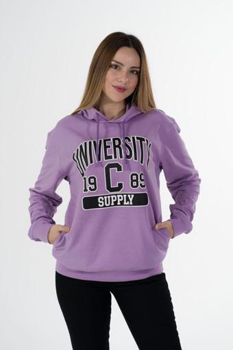 Drappe Nevada Kapşonlu Yan Cepli Sweatshirt (Baskı) Lila