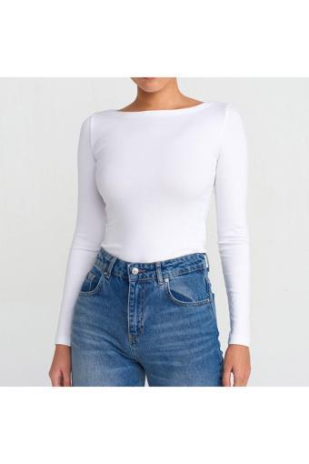 Drappe Kayık Yaka Uzun Kollu Basic T-Shirt