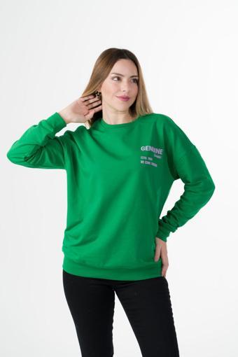 Drappe Escade Sıfır Yaka Sweatshirt (Baskı) Yeşil