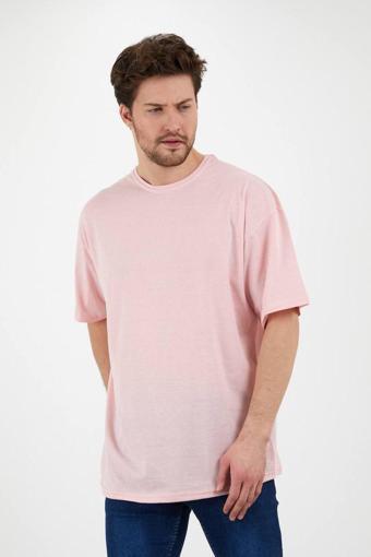 Jakarlı Unisex Pamuk Bisiklet Toz Pembe Oversize T-Shirt
