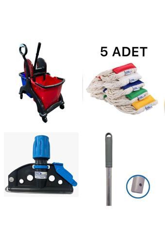 Mck Plus Çift Kovalı Plastik Temizlik Arabası Paspas Arabası Islak Mop Seti 5 Parça Islak Mop