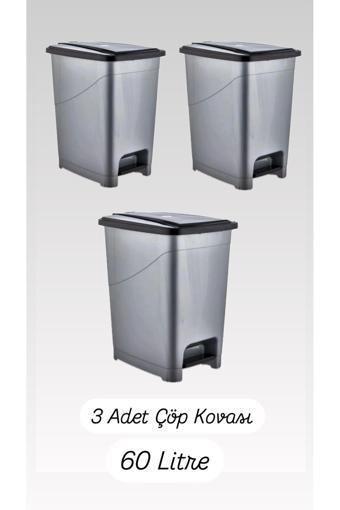 Mck Plus 3 Adet 60 Litre Slim Pedallı Çöp Kovası 60 Litre & Büyük Boy Pedallı Çöp Kovası Gri