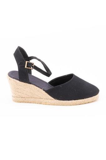 Gerçek Elişi Topuğu Açık Bilekten Bantlı 5cm Dolgu Topuk Siyah Keten Hasır Espadril Handmade