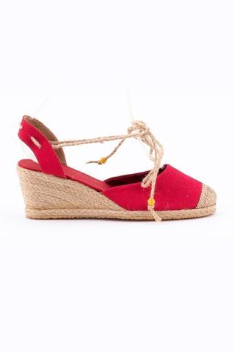 Gerçek Elişi Bilekten Bağcıklı Topuğu Açık Dolgu Topuk Kırmızı Keten Hasır Espadril Handmade
