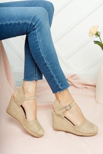 Gerçek Elişi Keten Hasır Espadril Burnu Hasırlı Arkası Açık Dolgu Topuk Handmade