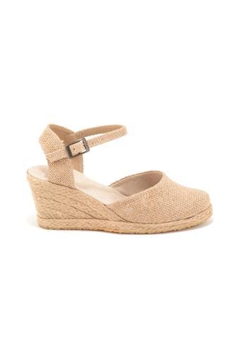 Gerçek Elişi Topuğu Açık Bilekten Bantlı Dolgu Topuk Keten Hasır Espadril Handmade