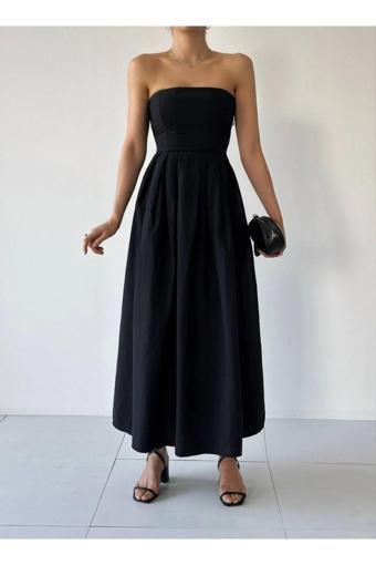 Straplez Midi Elbise %100 Pamuk