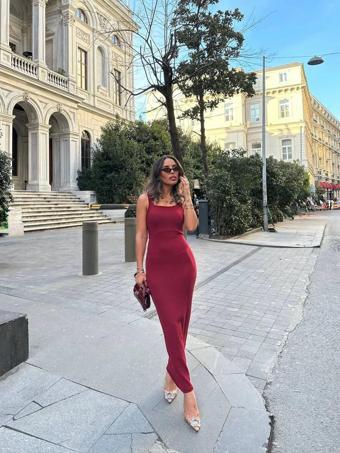 Bordo Askılı Yırtmaçlı Elbise