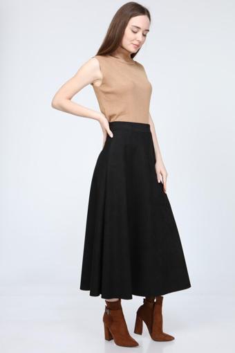 Moda Ugs Kadın Siyah Yüksek Bel Süet Düz Mevlana Etek