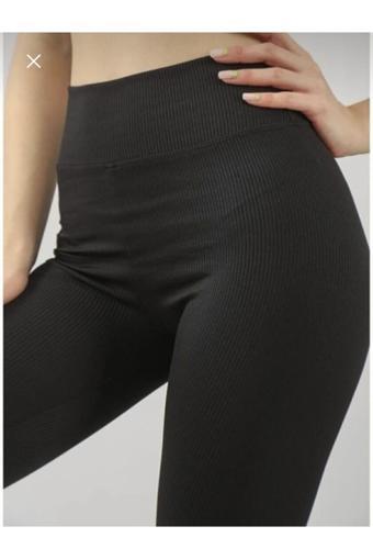 Moda Ugs Siyah Fitilli Çizgili Tayt Yüksek Bel Dayanıklı Örme Kumaş Spor Tayt Toparlayıcı